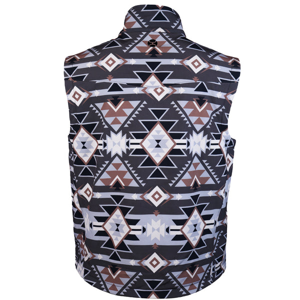 back of grey and brown aztec pattern vest