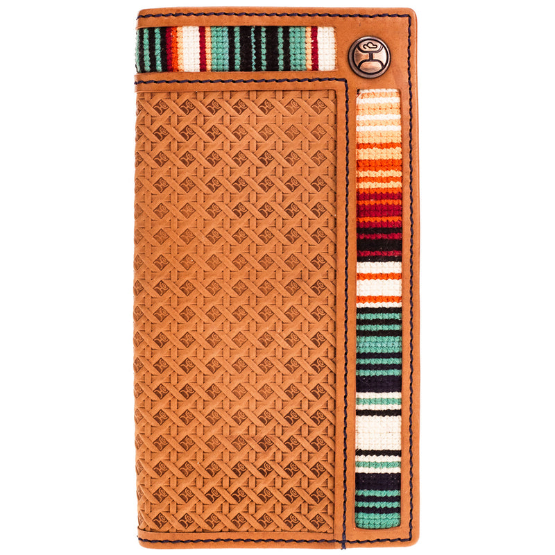 front of hooey tooled leather bi-fold wallet with sun set serape fabric lining