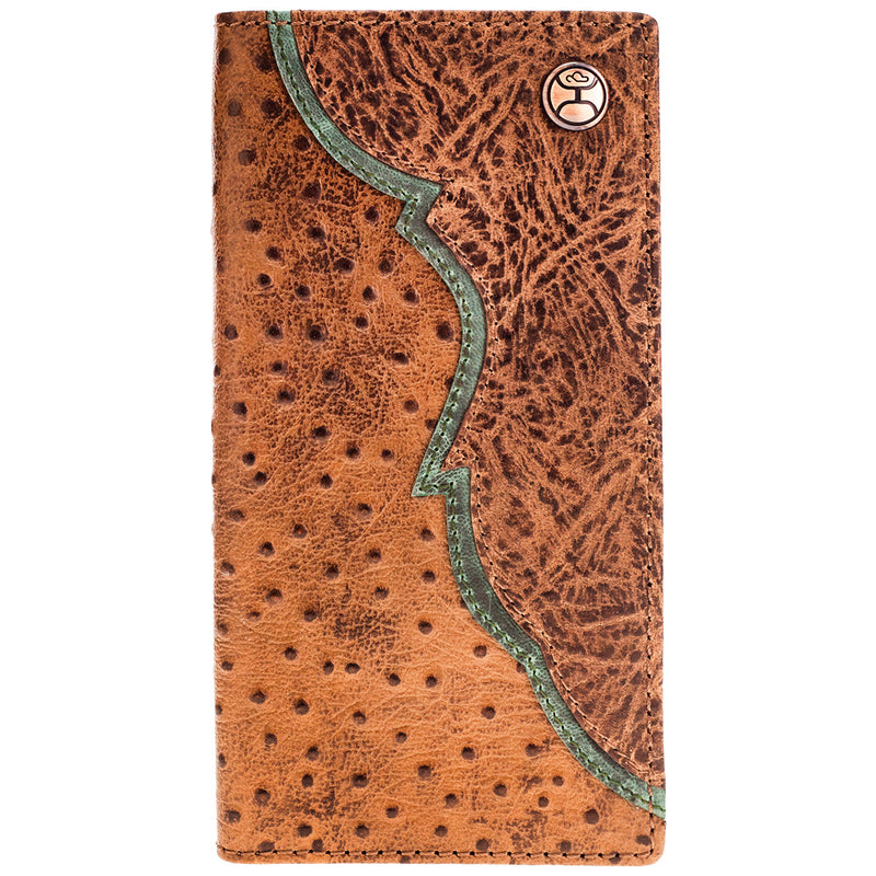 distressed leather, tan with turquoise detail, Hooey logo pin, bi-fold wallet