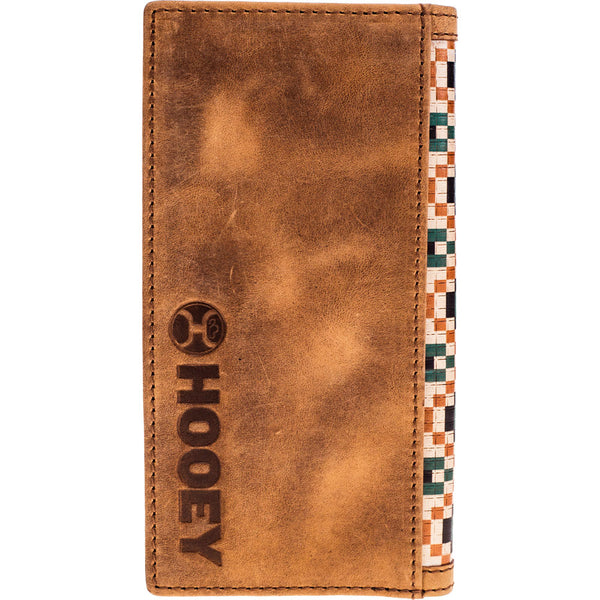 back of aztec pattern wallet in tan leather with Hooey logo stamp