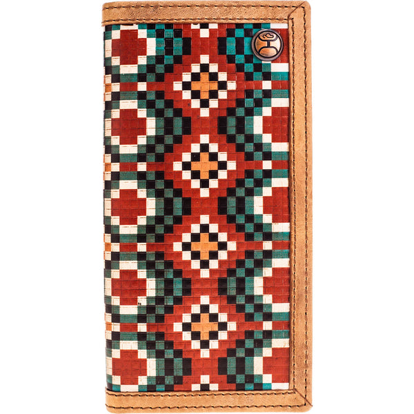 front of orange, blue, white, black Aztec pattern bi-fold Hooey wallet