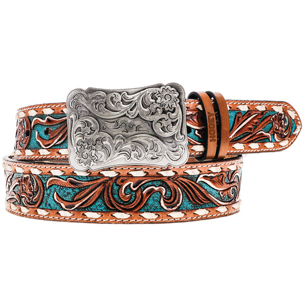 brown and turquoise leather belt with leather work pattern and silver buckle