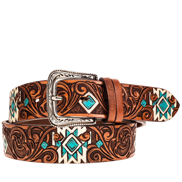 tooled leather belt with turquoise and white accents