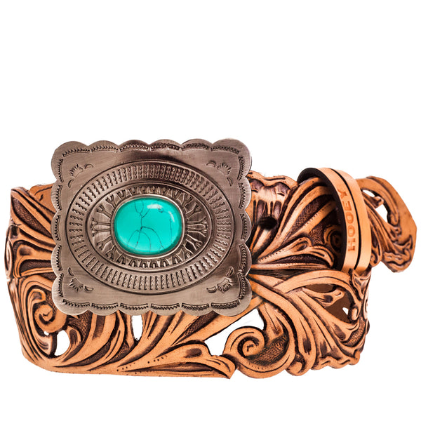 tooled leather belt with silver and turquoise buckle