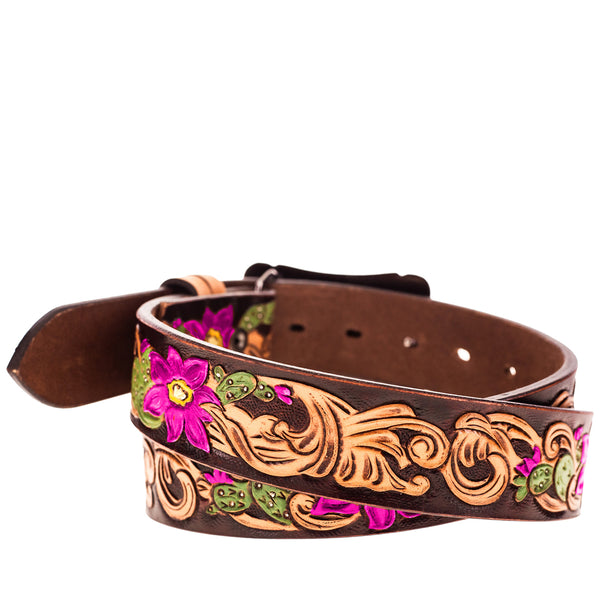 tooled leather belt with purple and sage green cactus blossom accents
