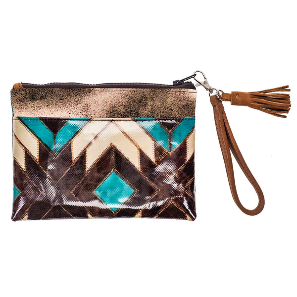 turquoise, brown, white Aztec pattern coin pouch with glittery brown stripe near zipper and leather brown strap with leather brown tassel 
