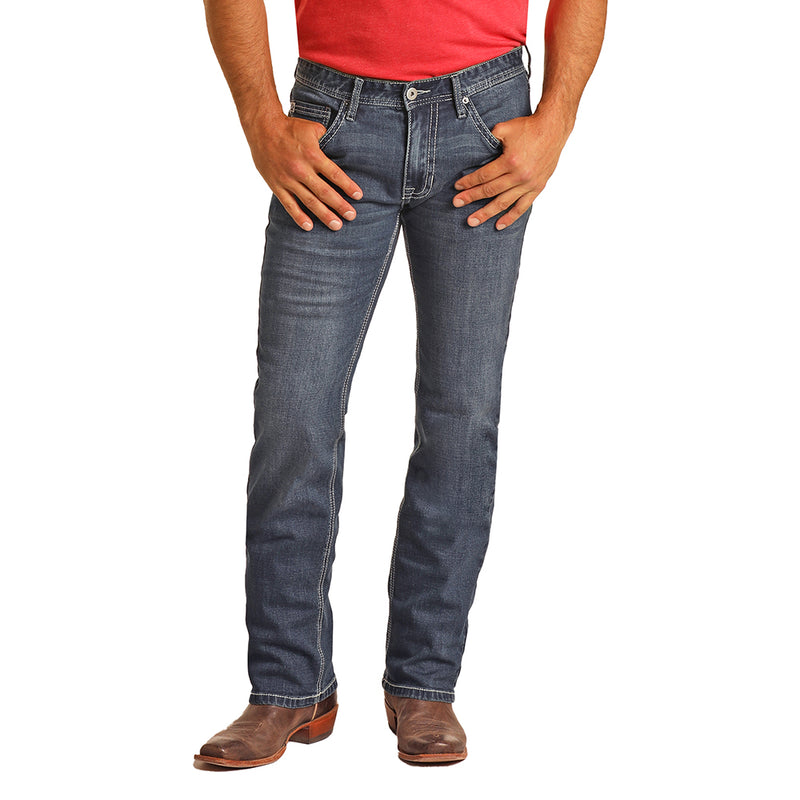 front view of the Medium Wash Slim Fit Straight Hooey Jeans on male model also wearing red tee and brown leather cowboy boots