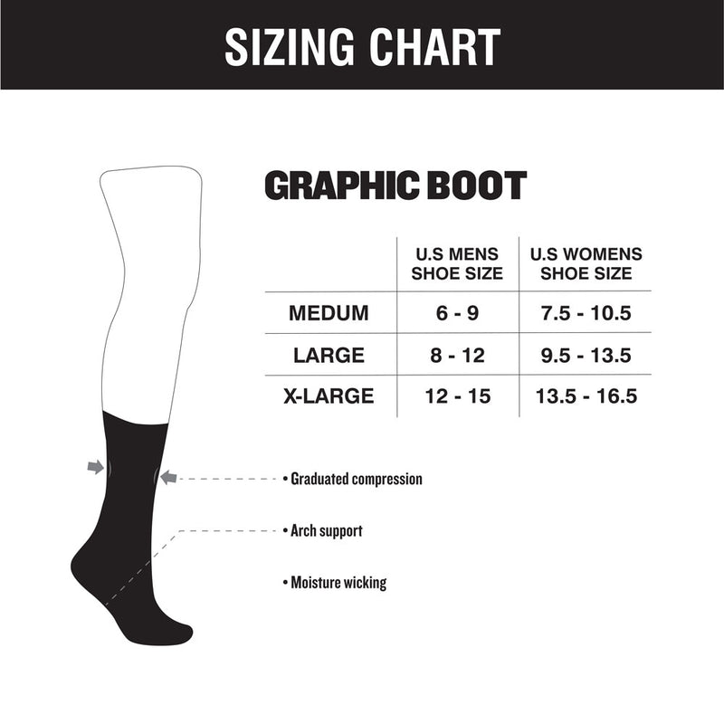 Hooey sock size chart with fit diagram