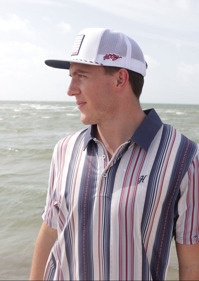 "The Weekender" Polo Grey w/Red & Blue Stripes
