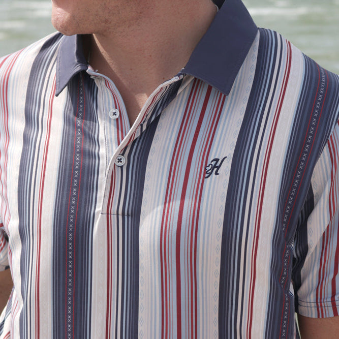"The Weekender" Polo Grey w/Red & Blue Stripes