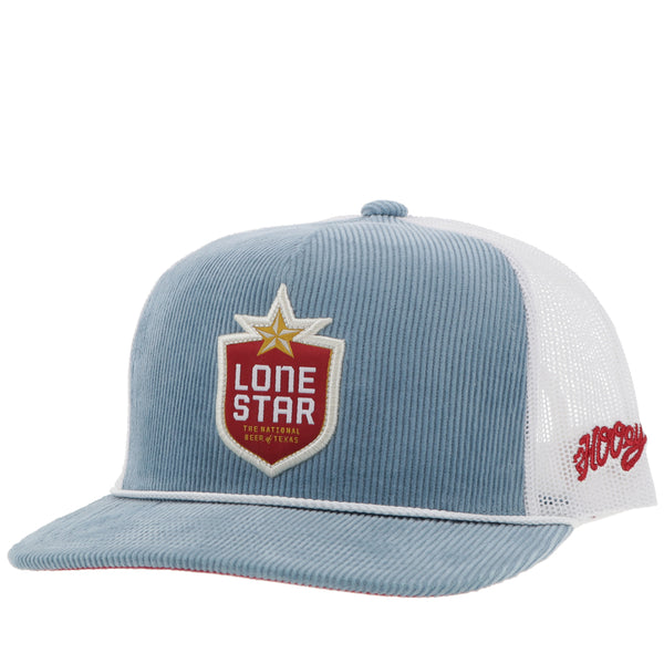 front of blue and white corduroy hat with white rope detail, and Lone Star logo patch and Hooey logo embroidered on side in red