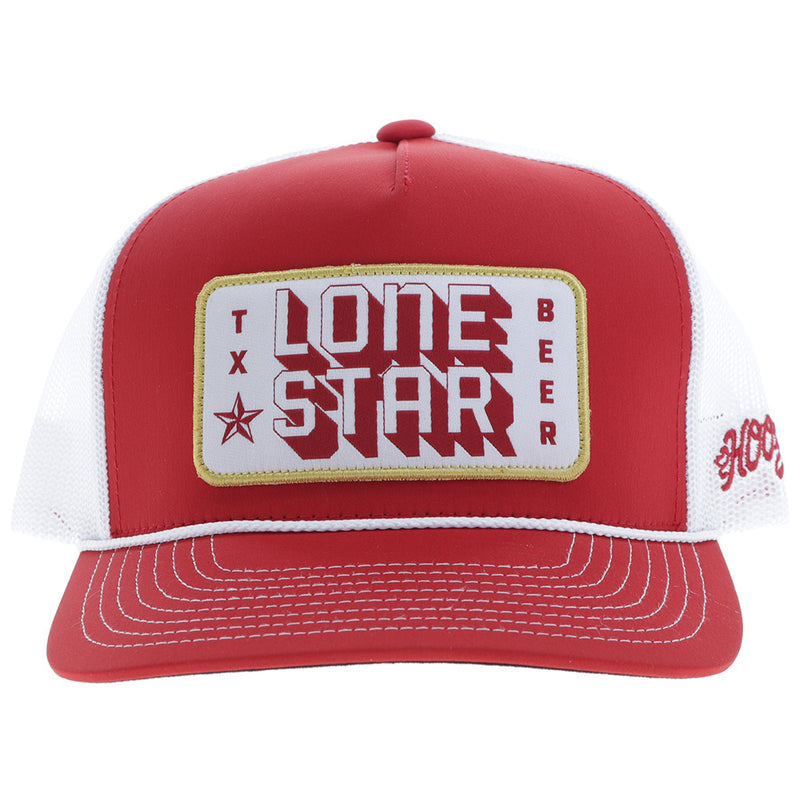 front of red and white Lone Star beer hat by Hooey