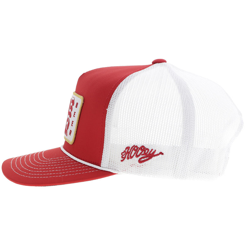 left side of red and white hooey hat with white mesh, red front panel and embroidered, red logo