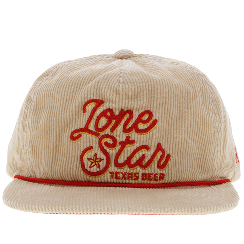 front of Hooey x Lone Star tan corduroy hat with red rope detail and red and yellow Lone Star logo patch
