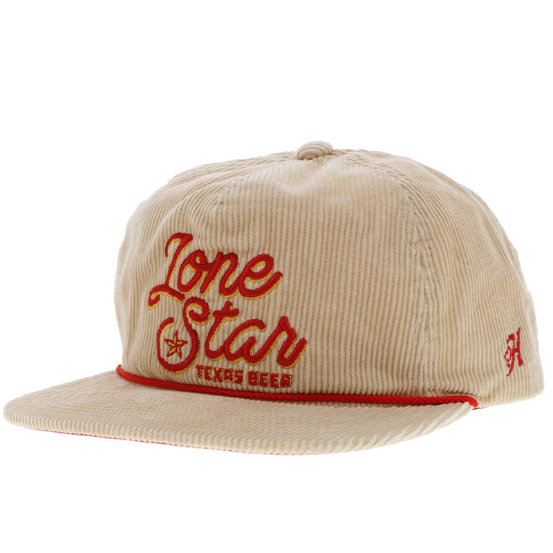 profile view of tan corduroy Hooey x Lone Star hat with red and yellow lone star embroidered logo patch, red rope detail and red H logo on side of the hat