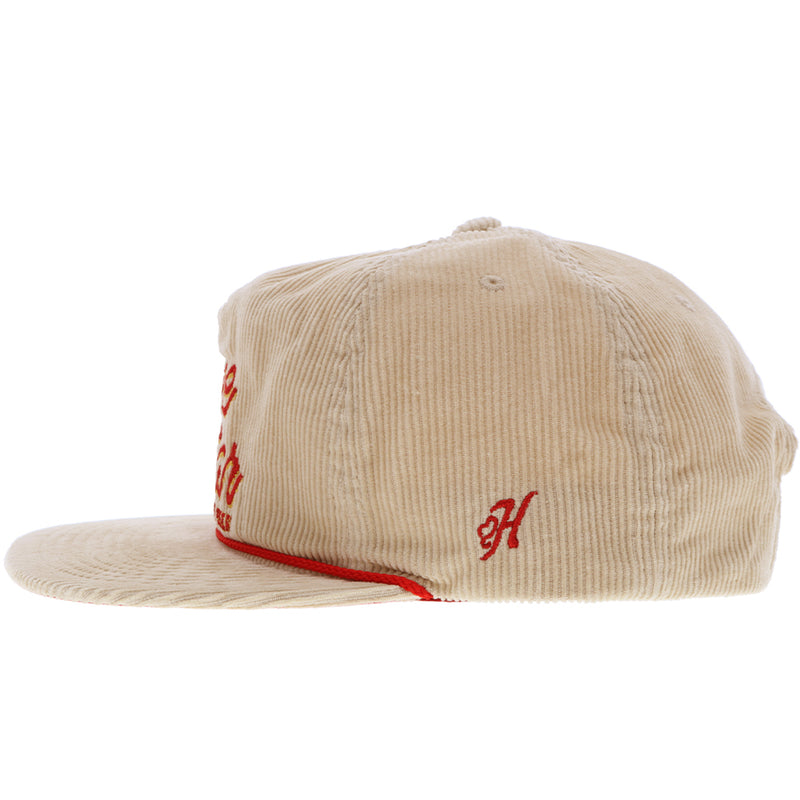 left side of tan corduroy lone star hat with red rope detail and red H logo