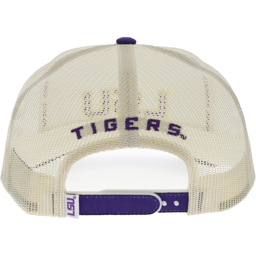 Louisiana State University 5-Panel Trucker Snapback Hat Cream/Purple