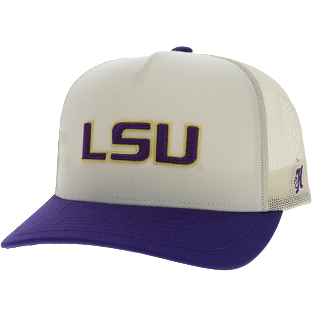 Louisiana State University 5-Panel Trucker Snapback Hat Cream/Purple