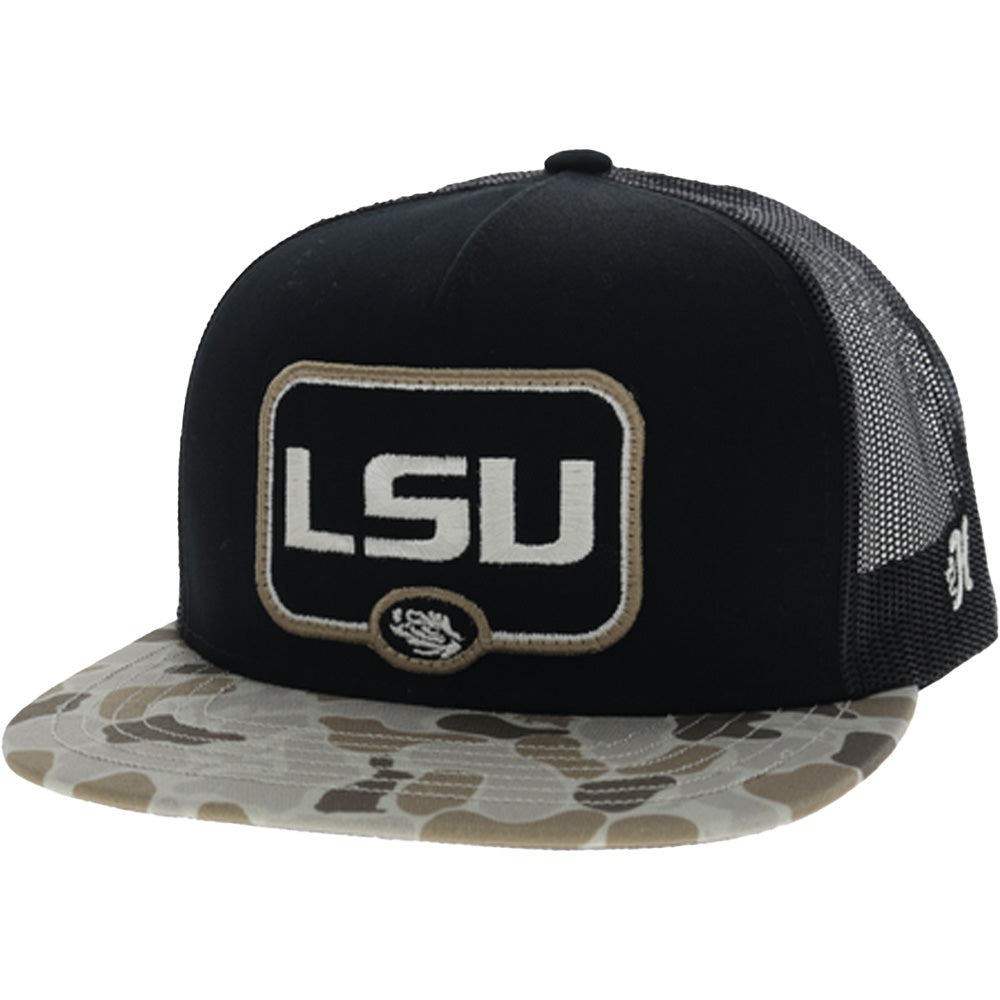 Louisiana State University 5-Panel Trucker Snapback Hat Black/Camo