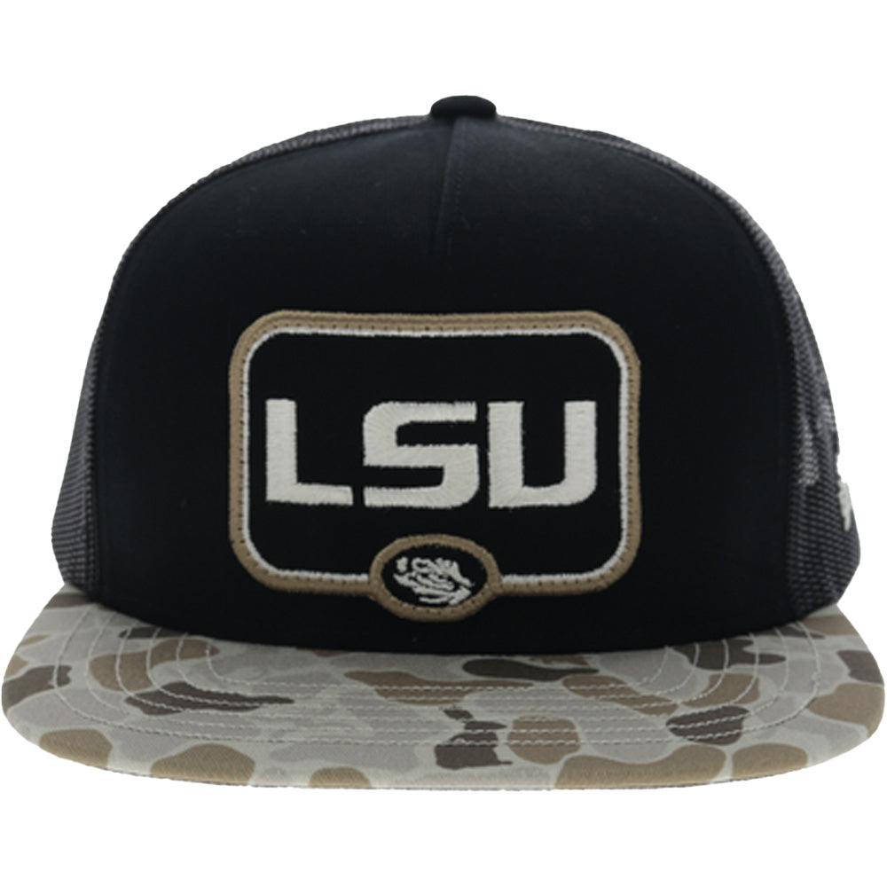 Louisiana State University 5-Panel Trucker Snapback Hat Black/Camo