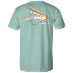 the back of the teal tee with orange and white fishing lure logo