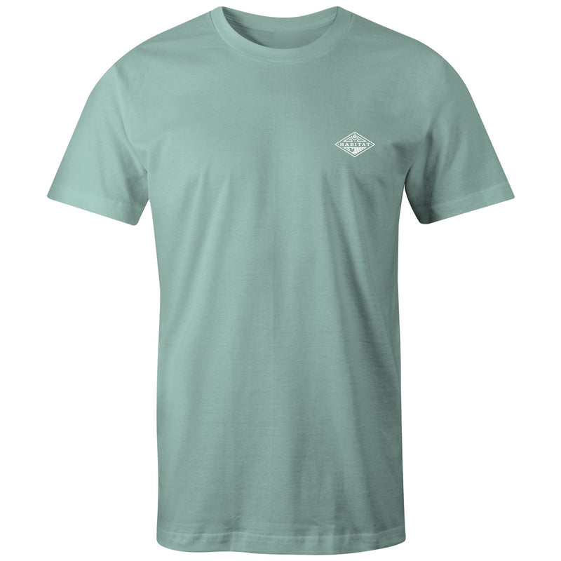 front of teal tee with small, white Habitat logo on collar