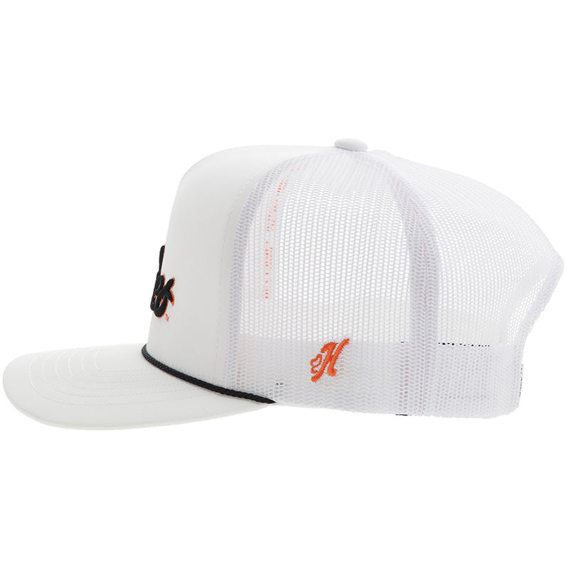 left side of solid white OSU x Hooey hat with black details and orange H logo