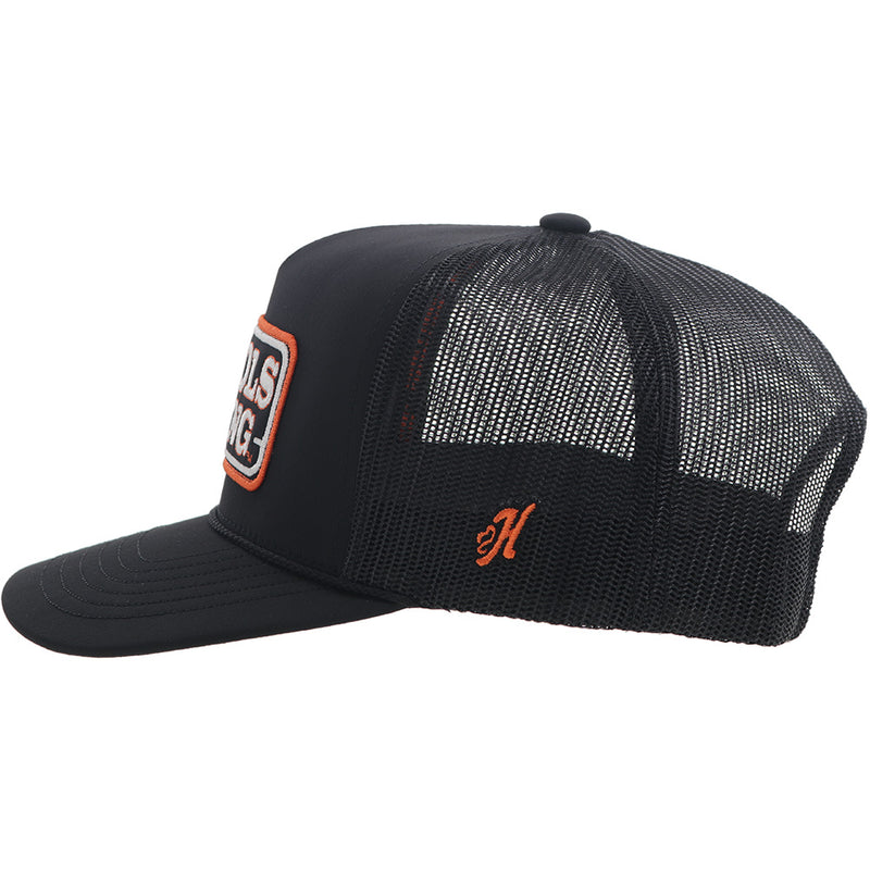 left side of solid black OSU x Hooey hat with orange H logo