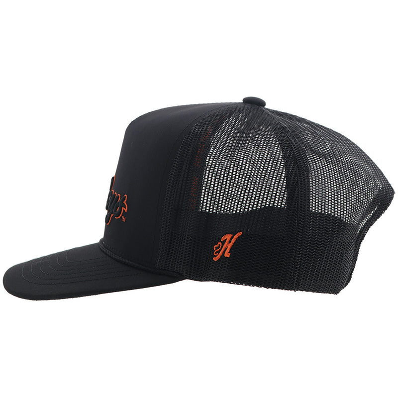 left side of the solid black OSU x Hooey hat with orange H logo embroidered 