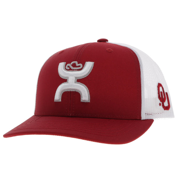 red and white Hooey x OU hat with white Hooey logo on front and red OU logo on side