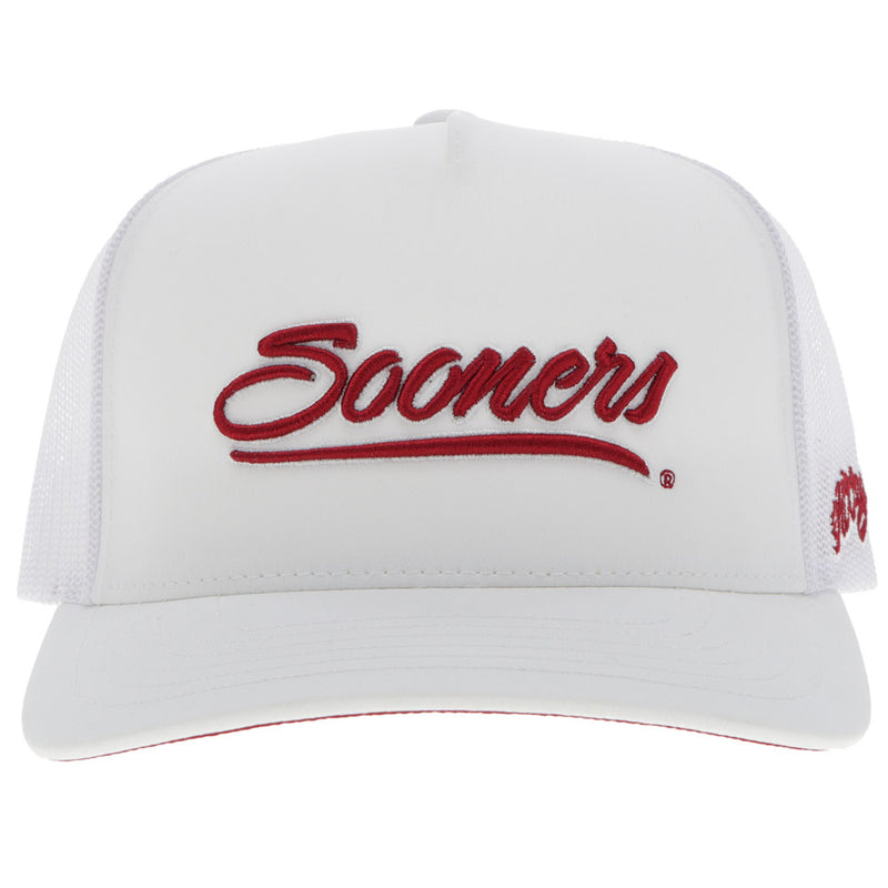 front of Sooners white hat with red embossed Sooners patch