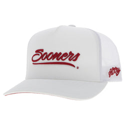 white on white Sooners hat with red embossed "Sooners" patch and red Hooey loo on the side