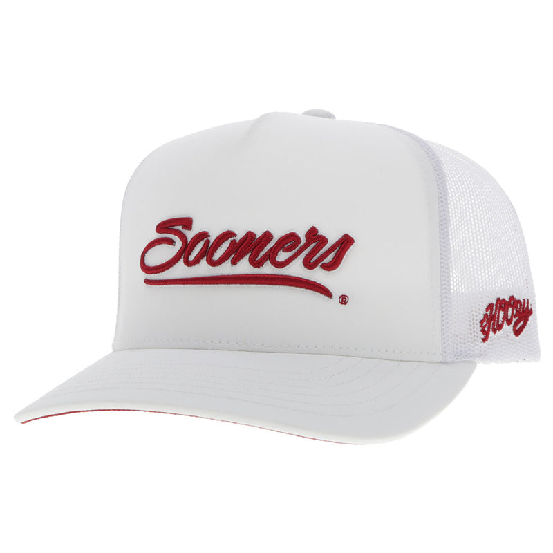 white on white Sooners hat with red embossed "Sooners" patch and red Hooey loo on the side
