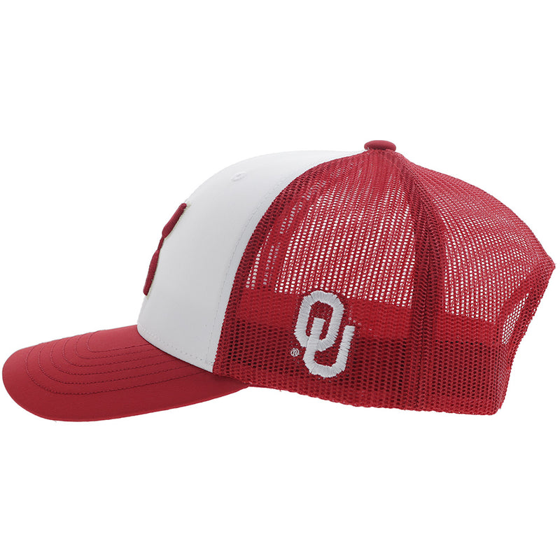 left side of red and white Oklahoma University x Hooey hat 