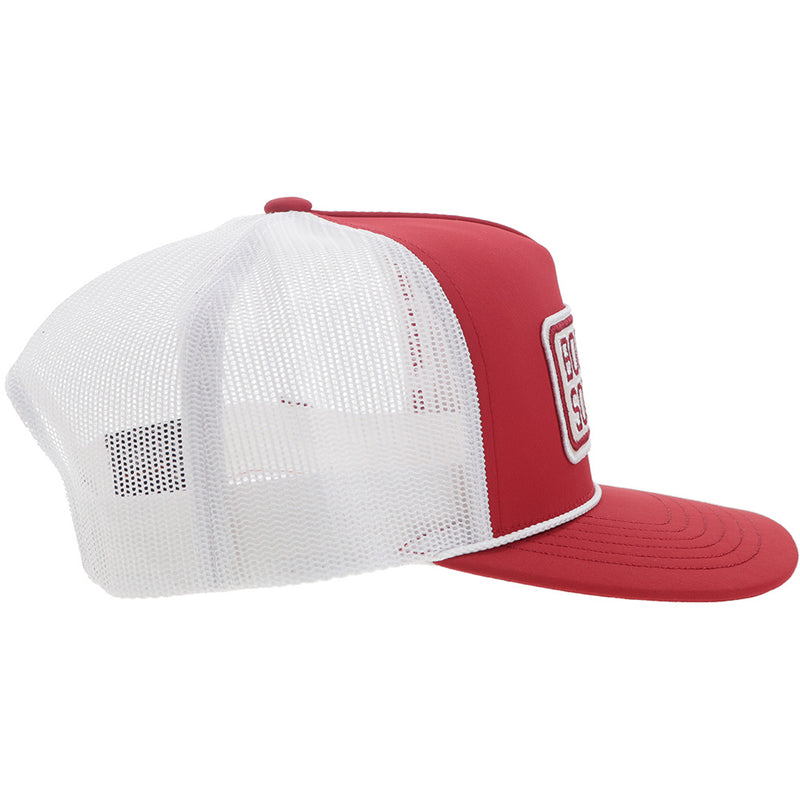 right side of Boomer Sooner red and white OU x Hooey hat