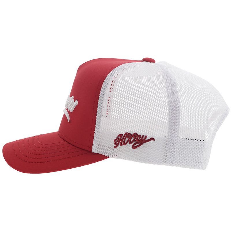left side of red and white Sooners x Hooey hat with red Hooey stitching 