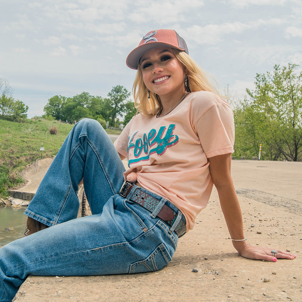 "Hooey Varsity" Peach w/Teal Logo T-shirt