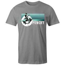 purple t-shirt with teal, blue, black, and white Punchy logo