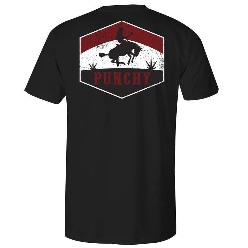 back of the Ranchero black tee with white, red logo