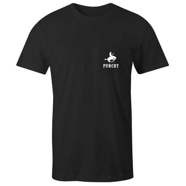 front of the Ranchero black tee with white logo on pocket