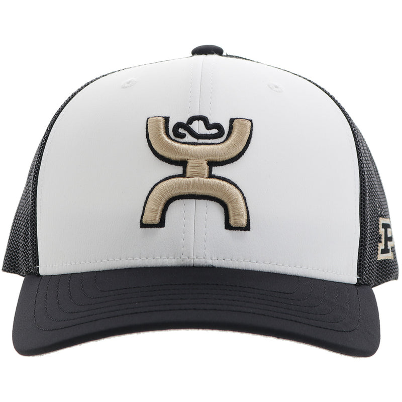 front of black and white Purdue x Hooey hat with gold logo patch