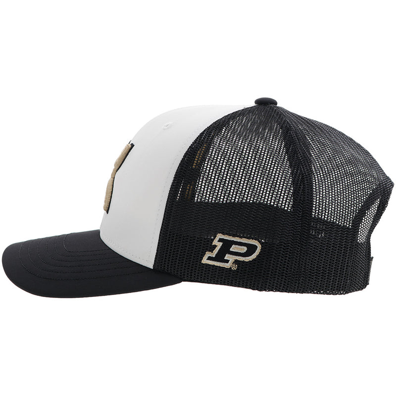 left side of black and white Purdue hat with P logo patch