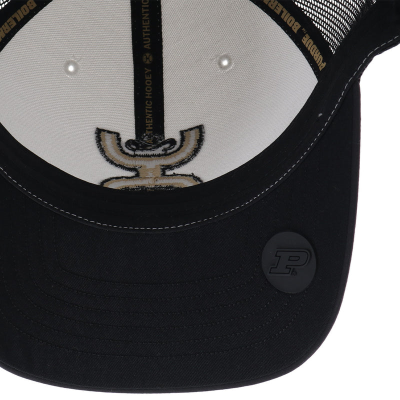 under side of Hooey x Purdue black and white hat