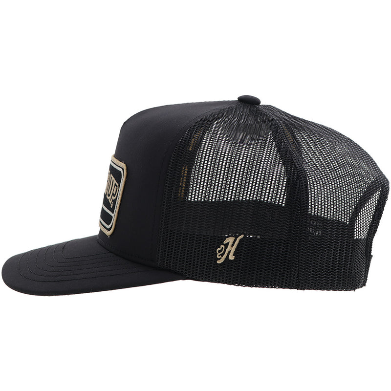right side of solid black Hooey x Purdue hat with white embroidered H 