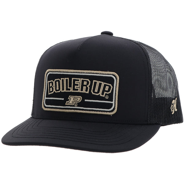 front of Hooey x Purdue hat in black with gold embroidered patch