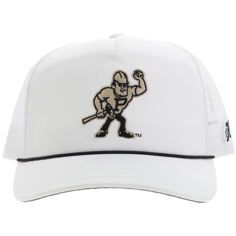 front of Hooey x Purdue white hat with black rope detail and black and gold mascot patch