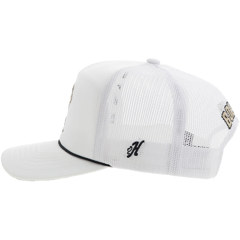 left side of white Purdue x Hooey hat with black rope detail and embroidered H logo