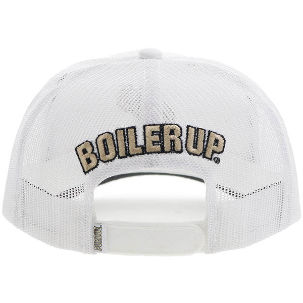 back of white Hooey x Purdue hat with "Boiler Up" logo patch