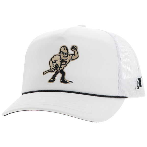 Hooey x Purdue white hat with black rope detail and embroidered H logo on side and gold with black mascot patch