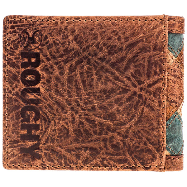 back of hooey wallet made from distressed leather with Hooey logo stamp